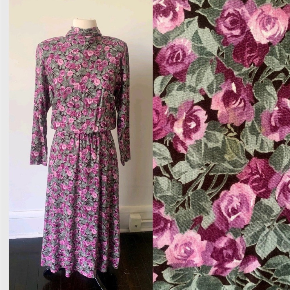 Vintage MockNeck Fit and Flare Floral Midi Dress 1990’s Long Sleeve Grunge Dress